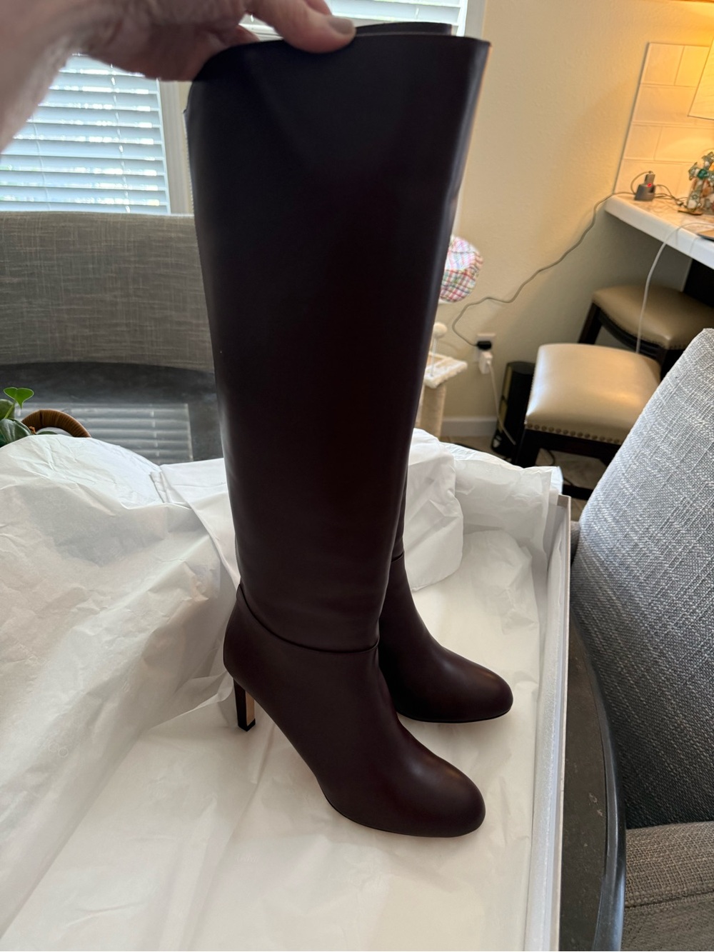 Jimmy Choo Burgundy Brown Leather Knee-High Heeled Boots - Picture 7 of 9